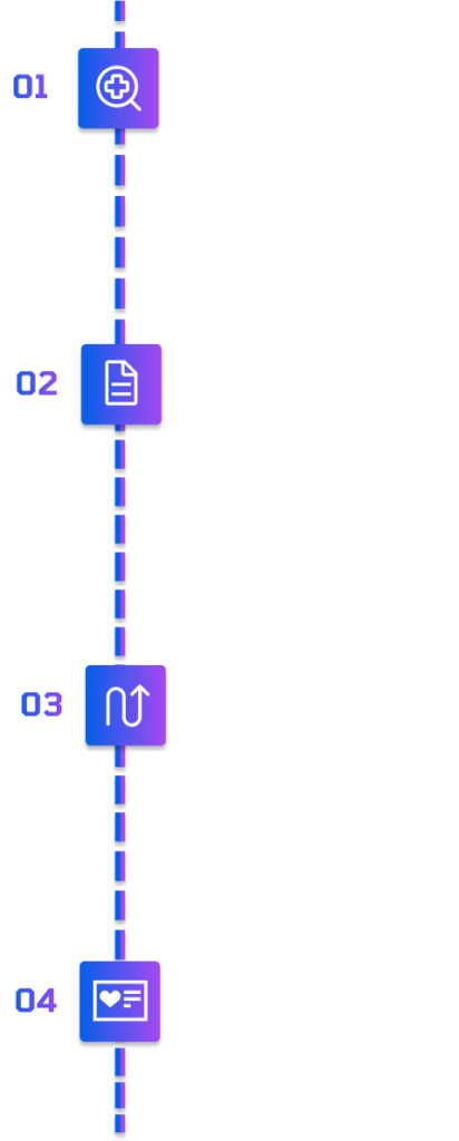Imagem ilustrativa do processo de recuperação de dados da SSD Recovery: 1. Diagnóstico: Nosso time analisa seu caso de ponta a ponta e busca a causa raiz do seu problema. 2. Report: Elaboramos um relatório completo sobre as etapas e processos de cada um dos pontos até a recuperação. 3. Solução: Apontamos a melhor solução possível do caso, buscando recuperar o máximo de informações perdidas. 4. Recuperação: Trazemos seus dados de volta no menor período possível.