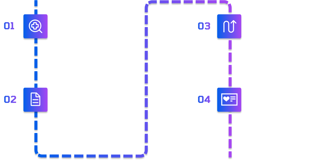 Imagem ilustrativa do processo de recuperação de dados da SSD Recovery: 1. Diagnóstico: Nosso time analisa seu caso de ponta a ponta e busca a causa raiz do seu problema. 2. Report: Elaboramos um relatório completo sobre as etapas e processos de cada um dos pontos até a recuperação. 3. Solução: Apontamos a melhor solução possível do caso, buscando recuperar o máximo de informações perdidas. 4. Recuperação: Trazemos seus dados de volta no menor período possível.